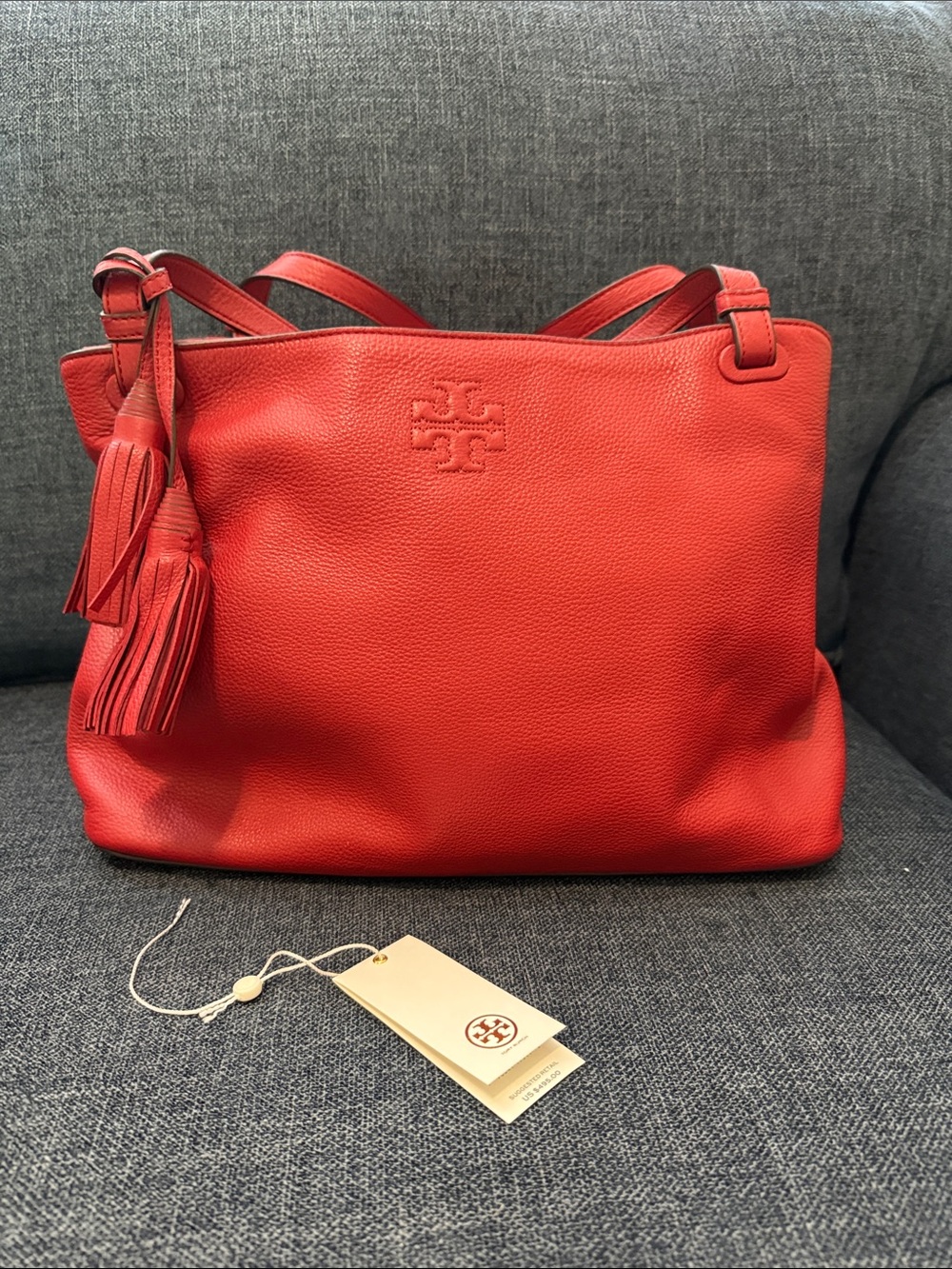 Tory Burch Thea Red Pebbled Leather Shoulder Tote